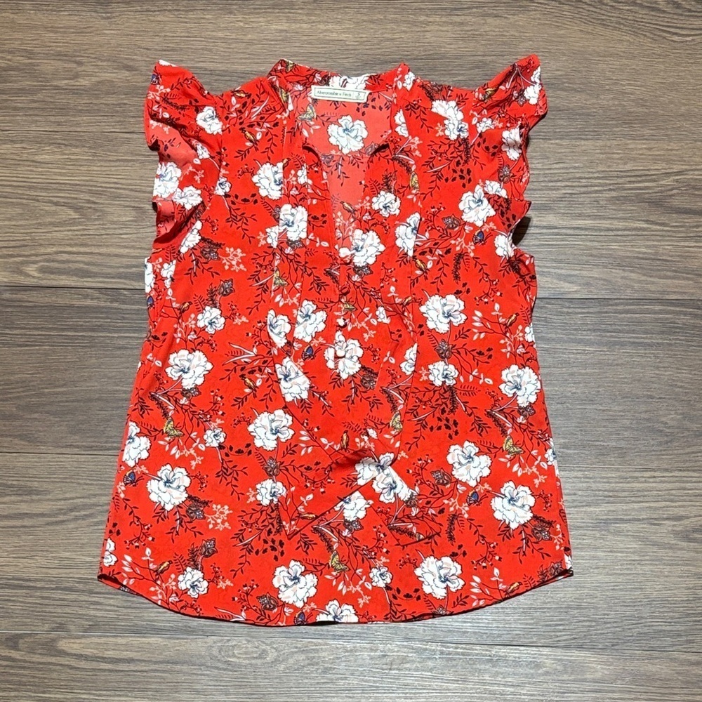 Abercrombie & Fitch Red Floral Flutter Sleeve Ruffle Blouse Size Small